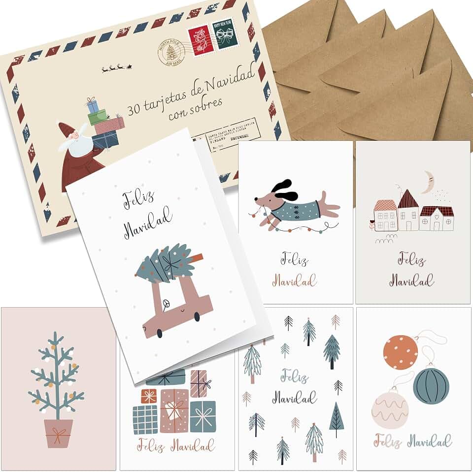 the lazy panda card company Weihnachtskarten mit Umschlag 30er Set - auf Spanisch - A6 Klappkarten Weihnachtskarten
