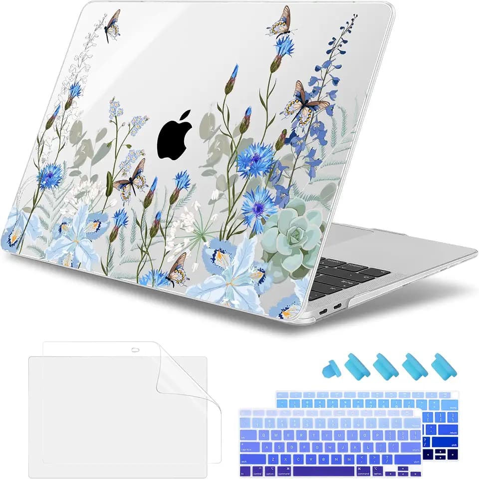 May Chen Compatible with MacBook Air 13 inch Release 2021 2020 2019 2018 (Models: M1 A2337/A2179/A1932), Plastic Hard Shell Case for MacBook Air 13 with Retina Display & Touch ID, Blue Flowers