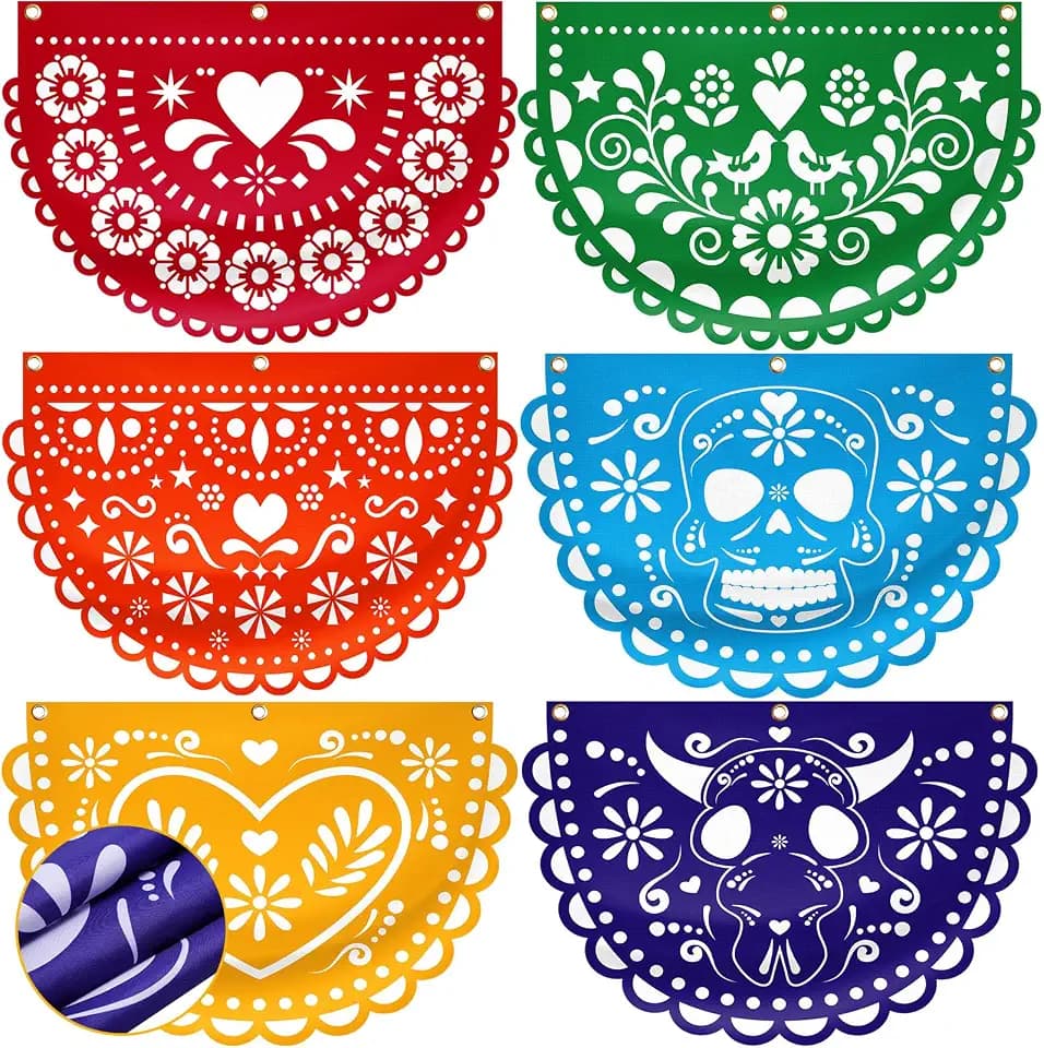 6 Pcs Large Fiesta Banner 35.43'' Hanging Party Banner 6 Colors Cinco De Mayo Decorations 6 Patterns Mexican Party Decor Supplies Day of the Dead (Semicircle)