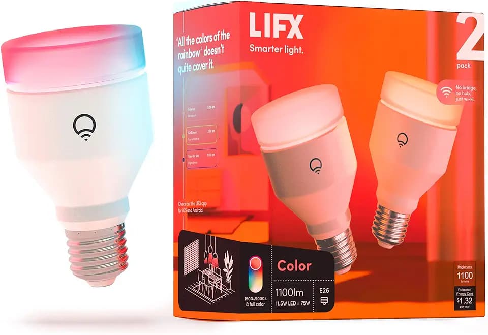 LIFX Smart Light Bulbs A19, RGB Color Changing, Matter, 75W 1100LM, 2 Pack