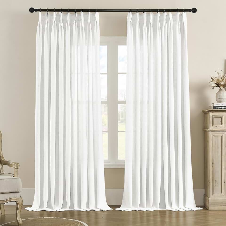MASWOND Faux Linen Pinch Pleated Sheer Curtains with Hooks, 100W84L, White