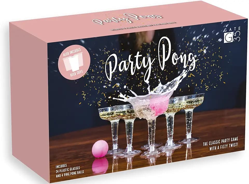 PartyPong - Hochwertiges Beer Pong Trinkspiel mit 24 Plastik Champagner- und Biergläsern
