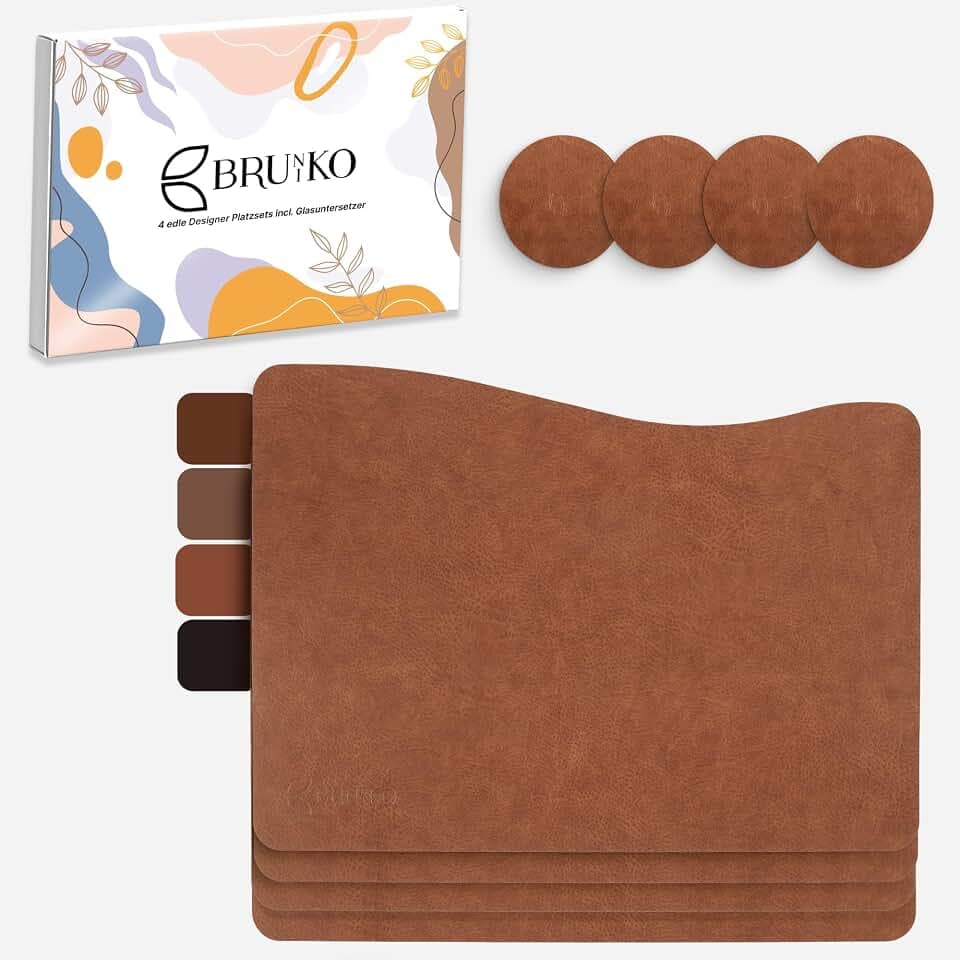 BRUNIKO PLATZSETS – Tischsets – Lederoptik – vegan – Wellenform – extra groß 45x33 cm – 4 Farben: Dunkelbraun, Kaffeebraun, Walnussbraun, Hellbraun – abwaschbar – inkl. Glasuntersetzer (Dunkelbraun)