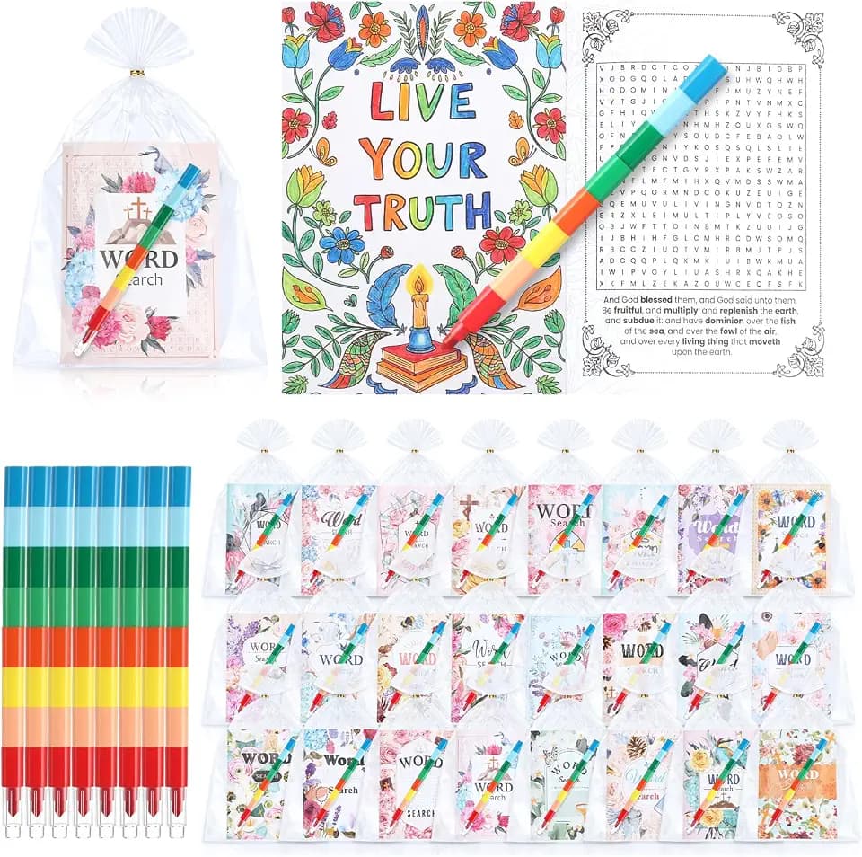 Sinload 24 Pcs Bible Verse Coloring and Word Search Activity Books Bulk with 24 Crayons Mini Inspirational Scripture Activity Kit for Church Party Favors Christian Gifts
