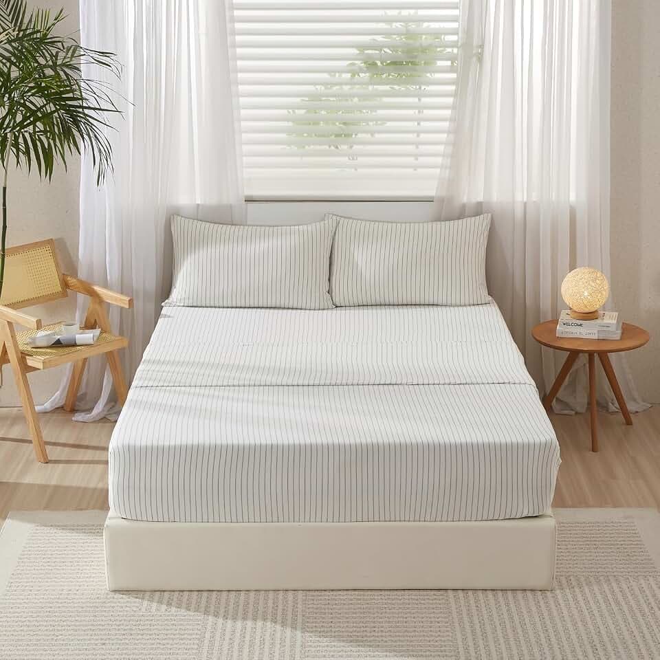 LIFETOWN 100% Jersey Knit Cotton 4 Pieces Sheet Set T-Shirt Feel Utral Soft and Wrinkle Free (White Green Stripes, King)