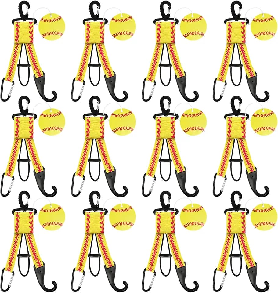 Dugout Organizer Fence Hooks Baseball Softball Gift for Bag Backpack Glove Helmet Drinking Bottle Hanging with Name Luggage Tags Charms Team Gifts for Coach Mom (12set Yellow Softball)