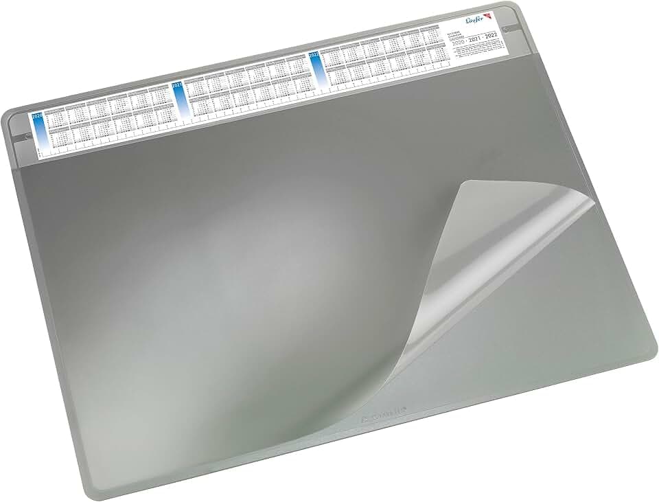 Läufer 47653 Durella Soft Schreibtischunterlage mit transparenter Auflage und Kalender, rutschfeste Schreibunterlage, Zubehör für Schreibtisch, 50 x 65 cm, grau