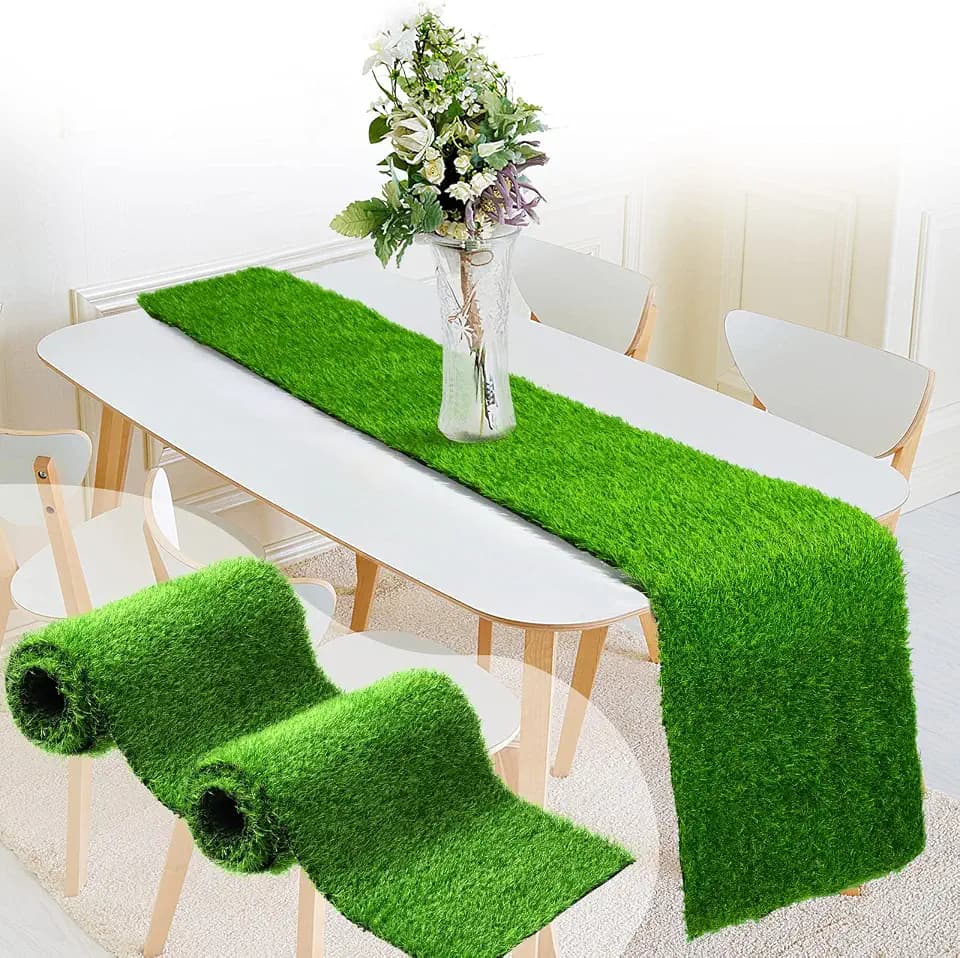 Boao 2 Pcs Artificial Grass Table Runners 14 x 72 Inch Grass Runner Synthetic Table Runners Rug Decorations for Fall Summer Holiday Wedding Birthday Party Decor