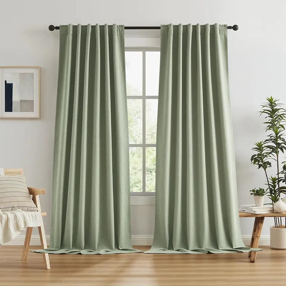 KEQIAOSUOCAI Blackout Linen Curtains 102 Inches Long, Back Tab Loop Pocket Hook Belt Long Vertical Drapes for Living Room Large Windows 50 x 102 Inch, 2 Panels, Sage Green