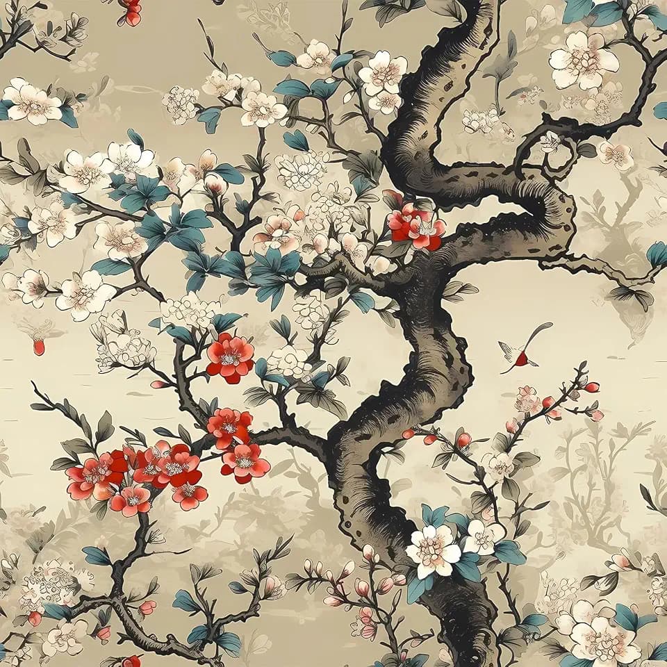 VEELIKE Oriental Japanese Cherry Blossom Floral Wallpaper Peel and Stick Vintage Chinoiserie Wallpaper for Bedroom 17.7''x118'' Self Adhesive Removable Vinyl Contact Paper for Cabinets Shelves Walls