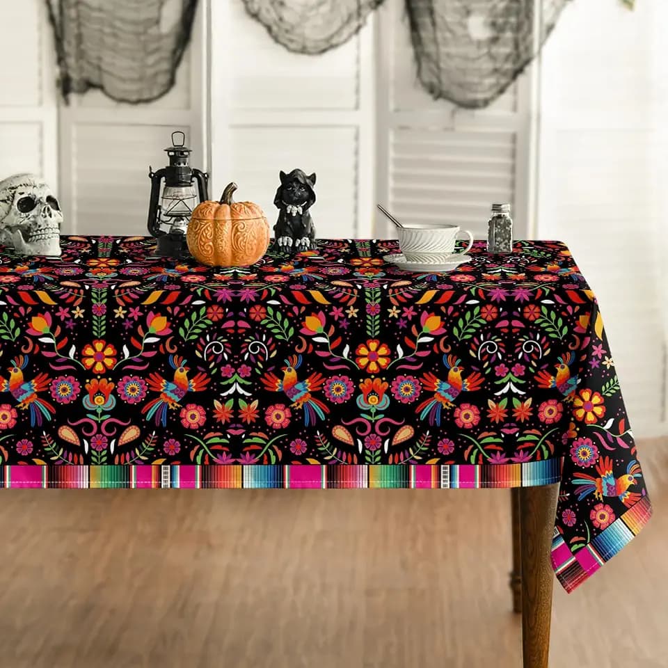 Horaldaily Mexico Tablecloth 60x140 Inch Rectangular, Halloween Cinco Dia De Los Muertos Design Black Stripes Seasonal Table Cover for Party Picnic Dinner Decor