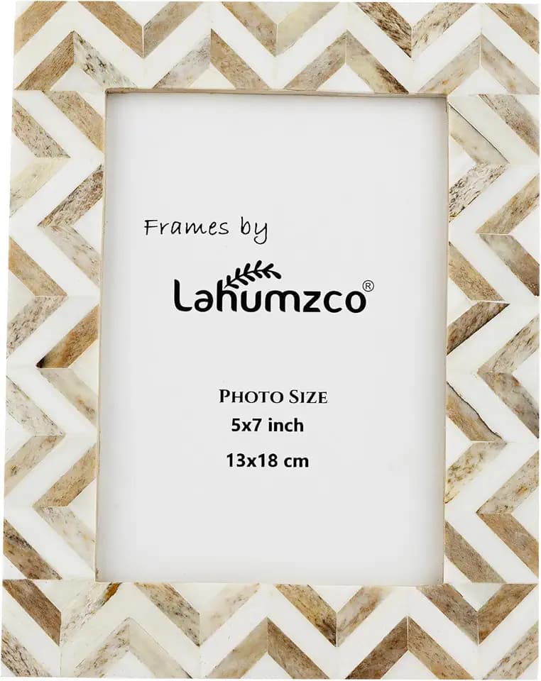 Brown & White Bone Inlay Photo Frame 5x7 – Handmade Chevron Pattern Picture Frame for Tabletop & Wall Décor – Boho Decorative Frame with Real Glass Front, Perfect for Living Room, Bedroom & Gift Giving