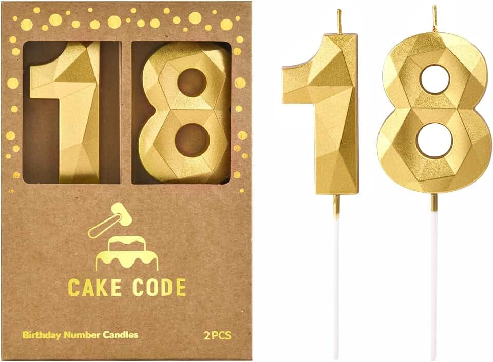 2.76 Inch Crystal Gold 18 Number Birthday Candles, Gold and Number Candles for Party Celebration