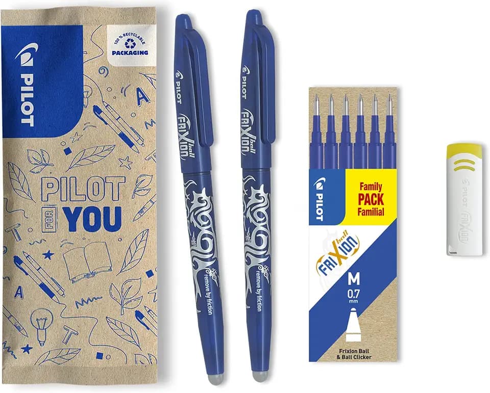 PILOT FriXion Ball 0.7 Set – 2 Stifte/6 Minen/1 Radierer – Farbe Blau – Radierbare Tintenroller 0,4mm Strichstärke, angenehme Schreibführung beim Schreiben, thermosensitive Tinte, austauschbare Mine