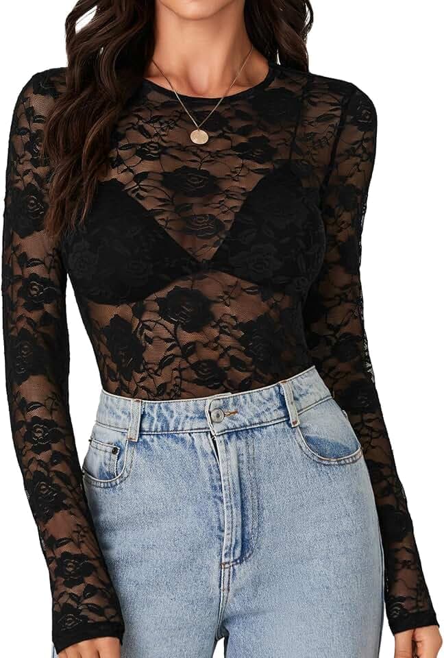 LYANER Women's Floral Lace Sheer Mesh Sexy Blouse