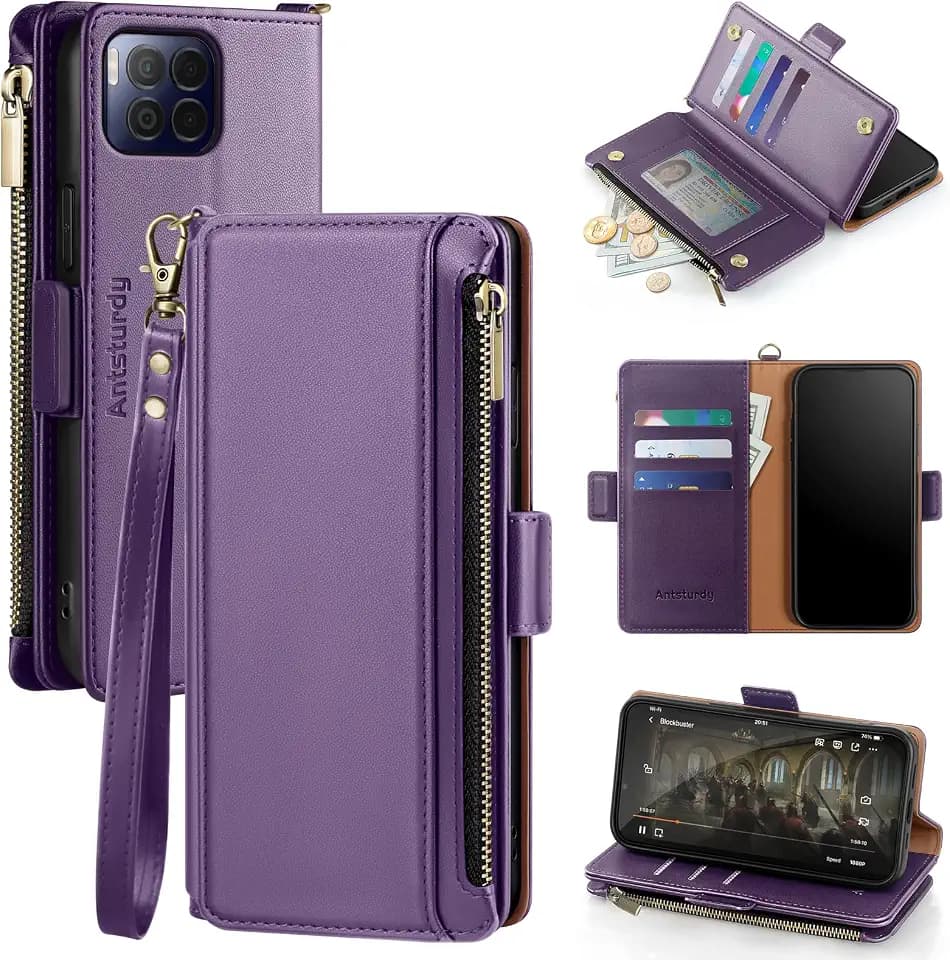 Antsturdy Compatible with T-Mobile REVVL 7 Pro 5G Wallet Case with Card Holder Women Men,Phone Case PU Leather RFID Blocking Flip Protective Cover Wrist Strap Zipper Credit Card Slots,Purple