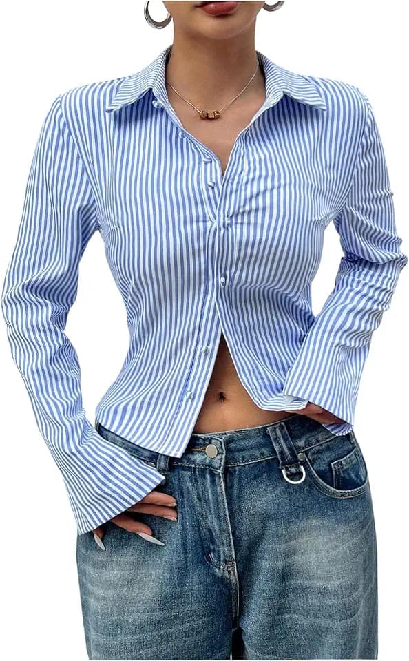 SweatyRocks Women's Striped Long Sleeve Button Down Shirts Work Blouse