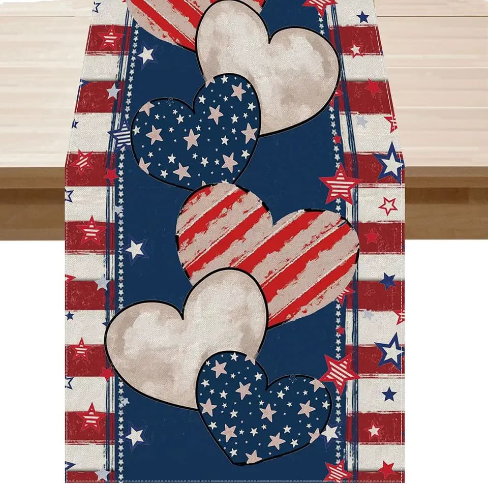 4th of July Table Runner Stripe Stars Heart Memorial Day Independence Day Patriotic America Table Decoration Home Kitchen Dining Indoor Holiday Farmhouse Decor 13x72 Inch