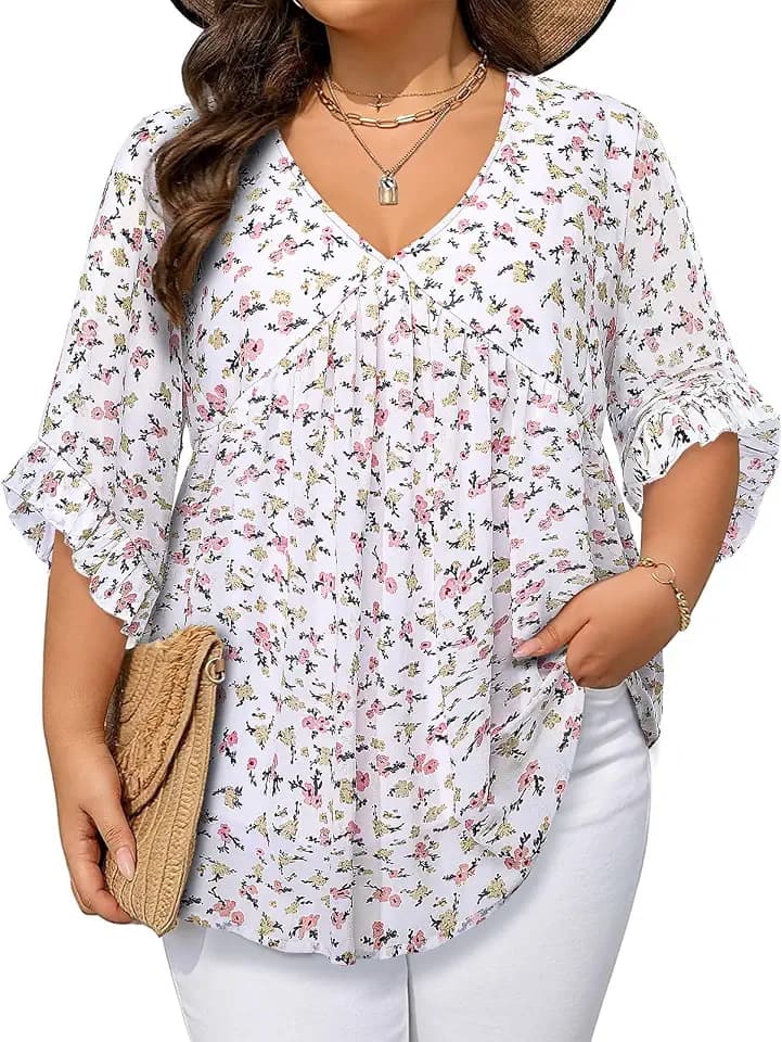 Siddhe Womens Plus Size Tops 3/4 Ruffle Sleeve Blouses V Neck Chiffon Shirts Babydoll Dressy Casual Tunic Top XL-5XL