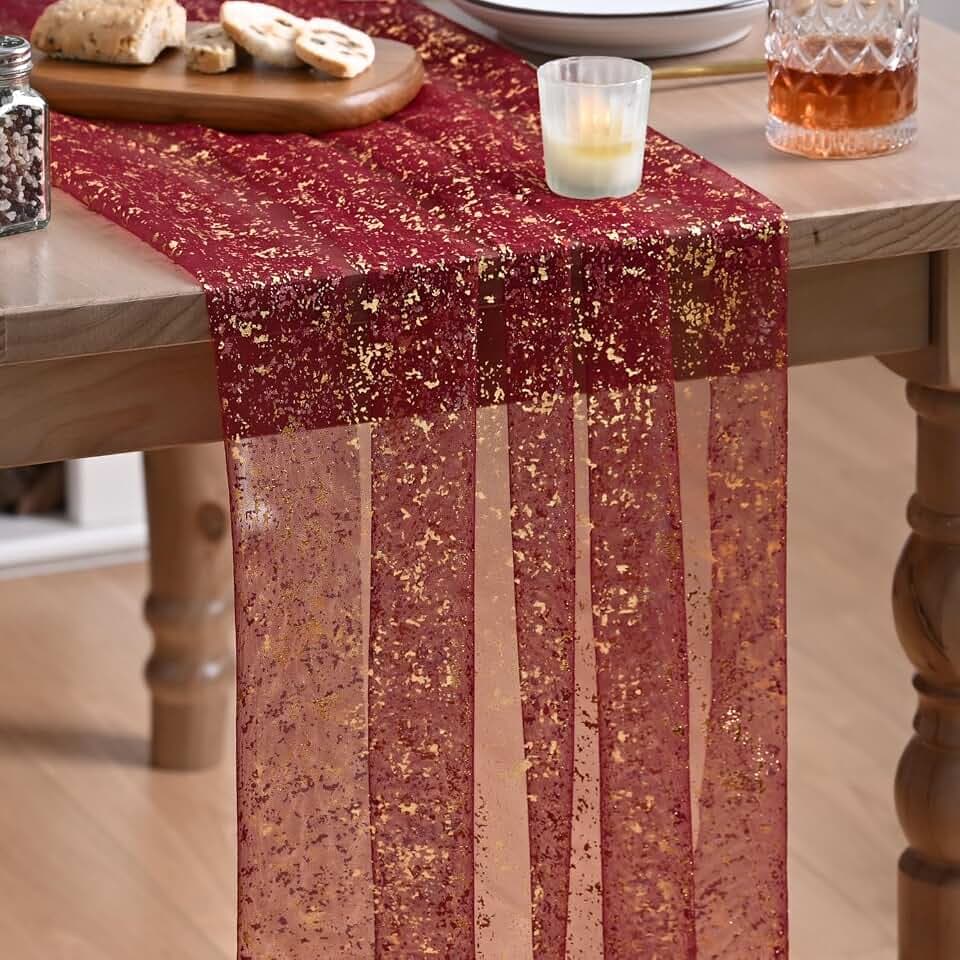 Artoid Mode Burgundy Gold Gauze Table Runner 120 Inch 10FT, Glitter Metallic Foil Sheer Dining Wedding Anniversary Holiday Birthday Table Decor for Home Party