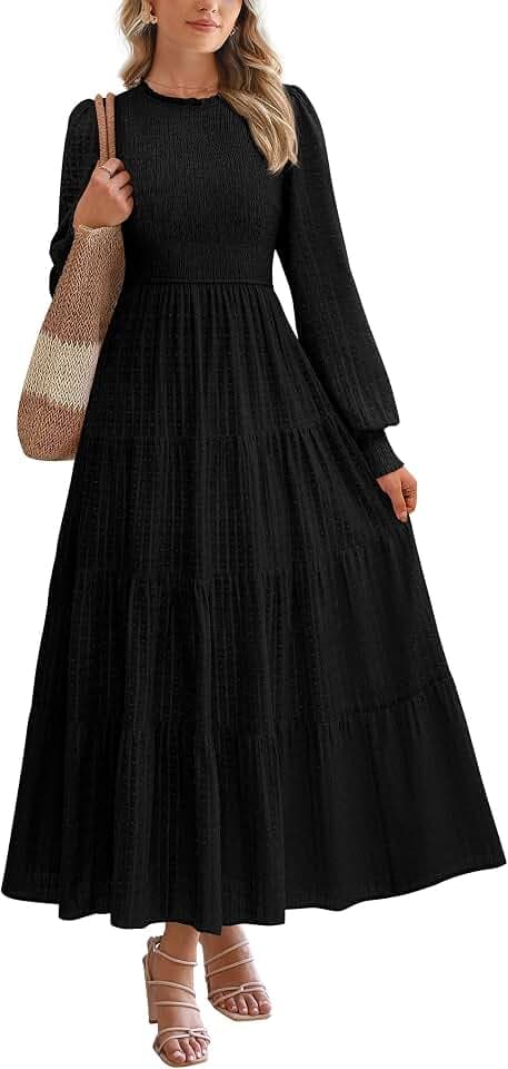 PRETTYGARDEN Women's Long Sleeve Spring Maxi Dresses 2026 Casual Smocked Trim Neck Swiss Dot Flowy Formal Wedding Guest Dress