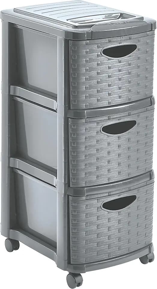 M home by Mazzei Mondex - Aufbewahrungsturm mit 3 Schubladen mit Rollen – Kunststoff in geflochtener Weidenoptik, Format A4, Höhe 66 cm – Farbe Grau – hergestellt in Frankreich