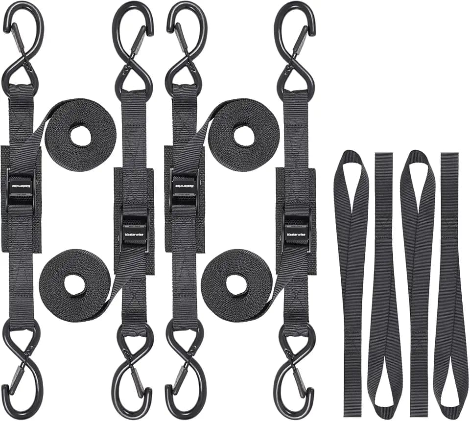Tie Down Straps with Hooks, 8 feet 1200lbs Break Strength Cam Buckle Tiedown Set with Integrated Soft Loops for Motorcycle, Kayak, Car, Truck, Dirt Bike (Black, 1" x8',Pack of 4)