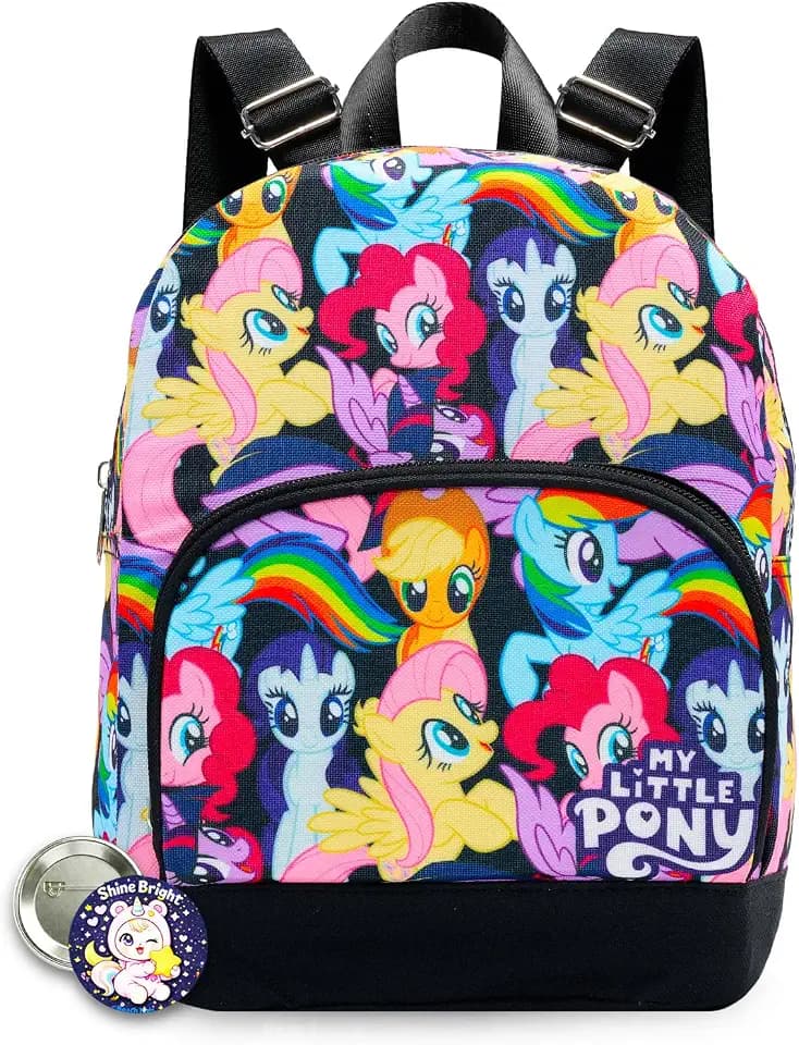 Fast Forward My Little Pony Mini Backpack - 10" Iconic Woven Small Backpack with Front Pocket and Button Bundle | Adjusts to Fit Kids, Toddlers, Teens, Women, Girls