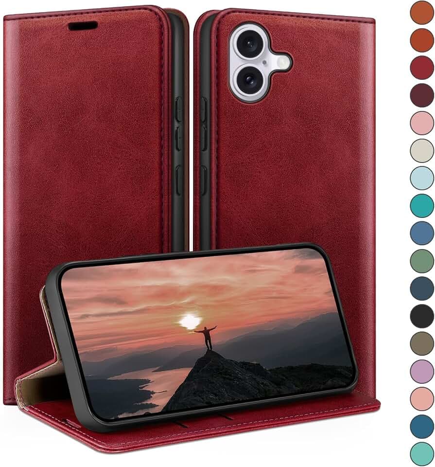 HUOUH für iPhone 16 Plus 6.7" Hülle mit RFID Schutzhülle aus Lederhülle Handyhülle,Kartenfach Leder ständer Handy hülle,360 Grad Schutz Cover für Apple 16 Plus Klapphülle Wallet Case Rot