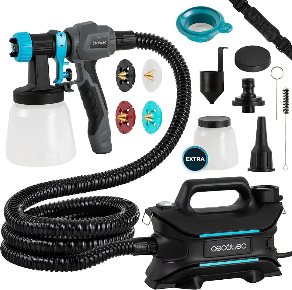 Cecotec PerfectPaint 800 EasyGo Farbsprühset mit 800 W Leistung, Genauigkeit von 18 kPa, inklusive 4 Düsen, 2 Behälter mit 1200 ml, Gurt im Lieferumfang enthalten, maximale Durchflussmenge 1000 ml/min
