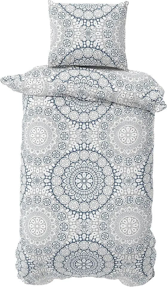 BLUE MOON Bio Renforcé Premium Bettwäsche Set | 100% Bio-Baumwolle | Pflegeleicht & Bügelfrei | Hautfreundlich & Nachhaltig | Für Sommer & Winter (Ornament Blue/lightgrey, 140 x 200 + 70 x 90 cm)