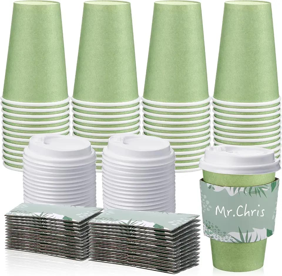 Zopeal 50 Pack Sage Green 12 oz Disposable Coffee Cups with Lids and Sleeves, Paper Hot Travel Cups for Beverages, Wedding, Baby Shower, Office and Party Supplies
