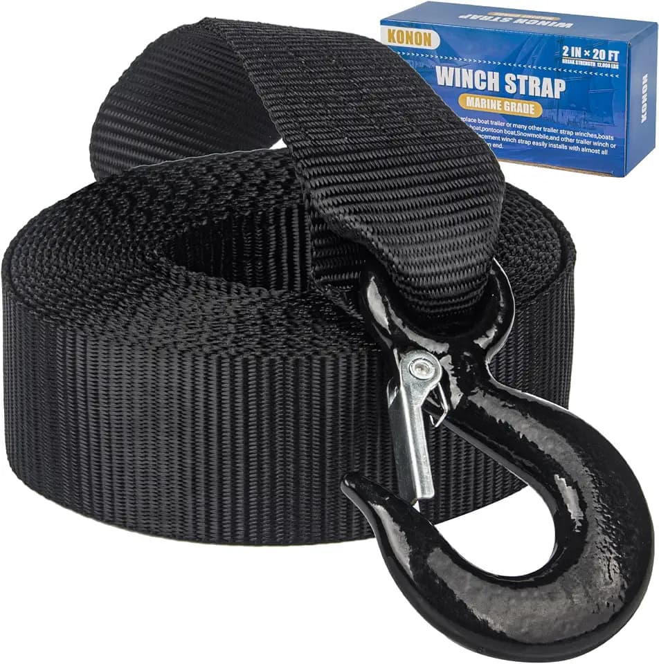 Boat Trailer Winch Strap with Hook 2" x 20' – 18,000 Lbs Break Strength, 20% Strength Improvement, Zinc Safety Hook for Pontoon, Fishing Boat, Jet Ski & Snowmobile Trailers (Black)