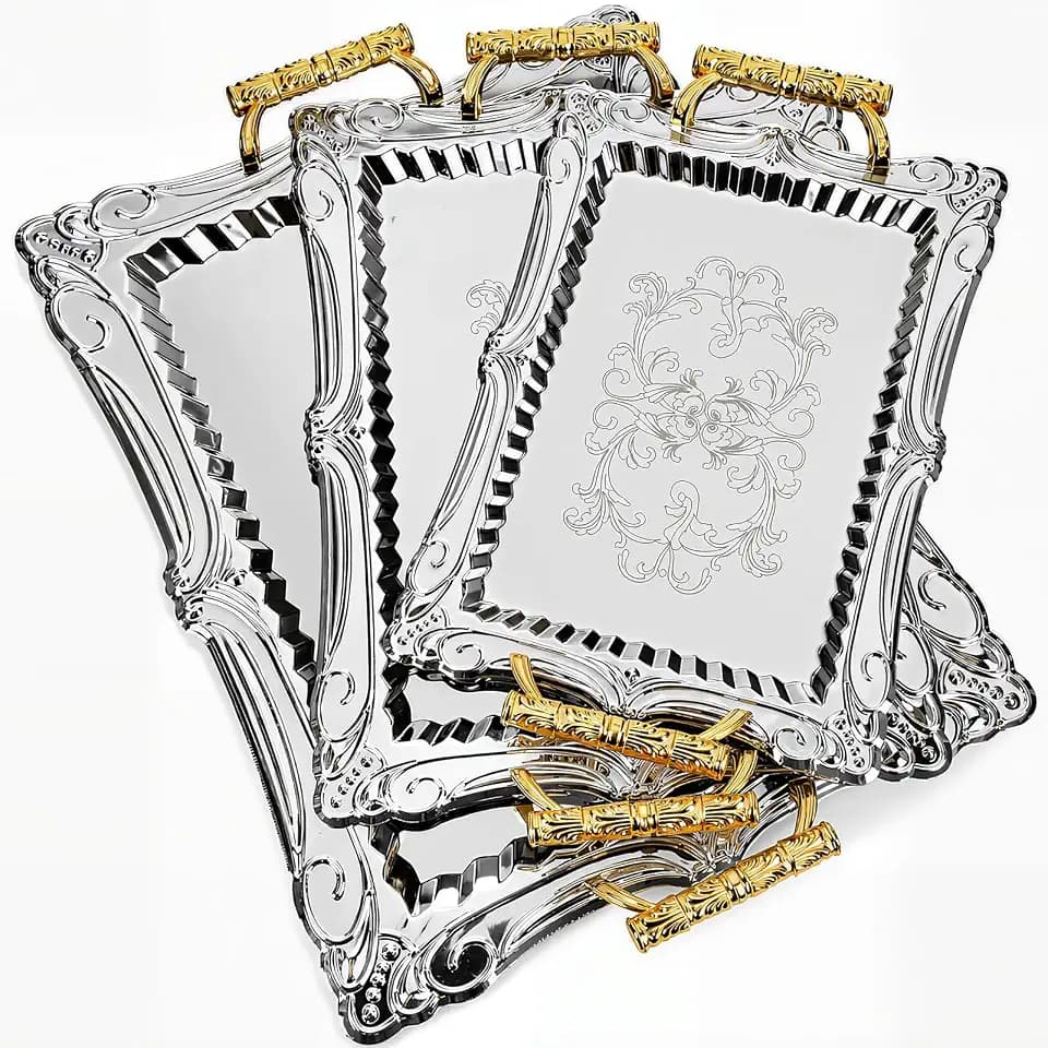 3 Pack Metal Serving Trays, Flower, Black, Gold