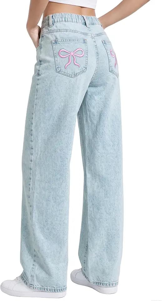 EXARUS Girls Bow Jeans Wide Leg Baggy Denim Pants Teen Light Wash Blue 14Y