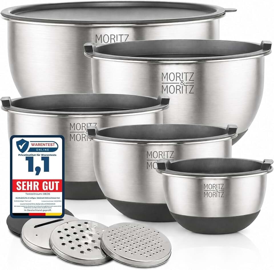 Moritz & Moritz 5er Rührschüssel mit Deckel - 0,6 bis 4,5L - Anti-Rutsch | Rostfreier Edelstahl - Stapelbare Salatschüssel mit Deckel und 6 Reibeinsätzen - Spülmaschinengeeignet