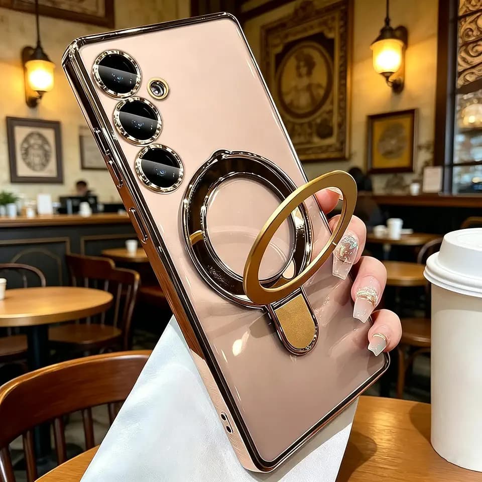 Magnetic for Samsung Galaxy S25 Plus Case Clear with Stand,Built-in Camera Lens Protector[Compatible with Magsafe],Case for Samsung Galaxy S25 Plus 6.7",Gold