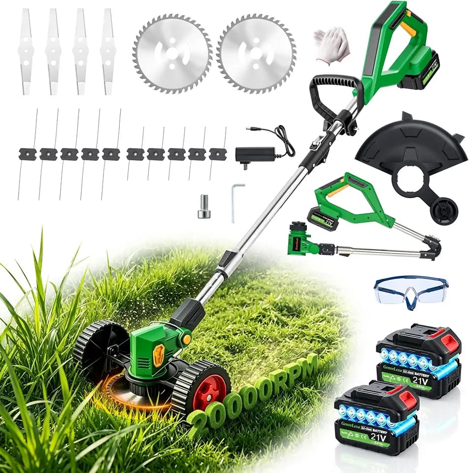 20000RPM Cordless Weed Wacker, 11" Cutting Range 4-in-1 Battery Powered Weed Eater, 21V Lightweight Brush Cutter, 800W String Trimmer Lawn Edger with 2 Batteries & LED Display