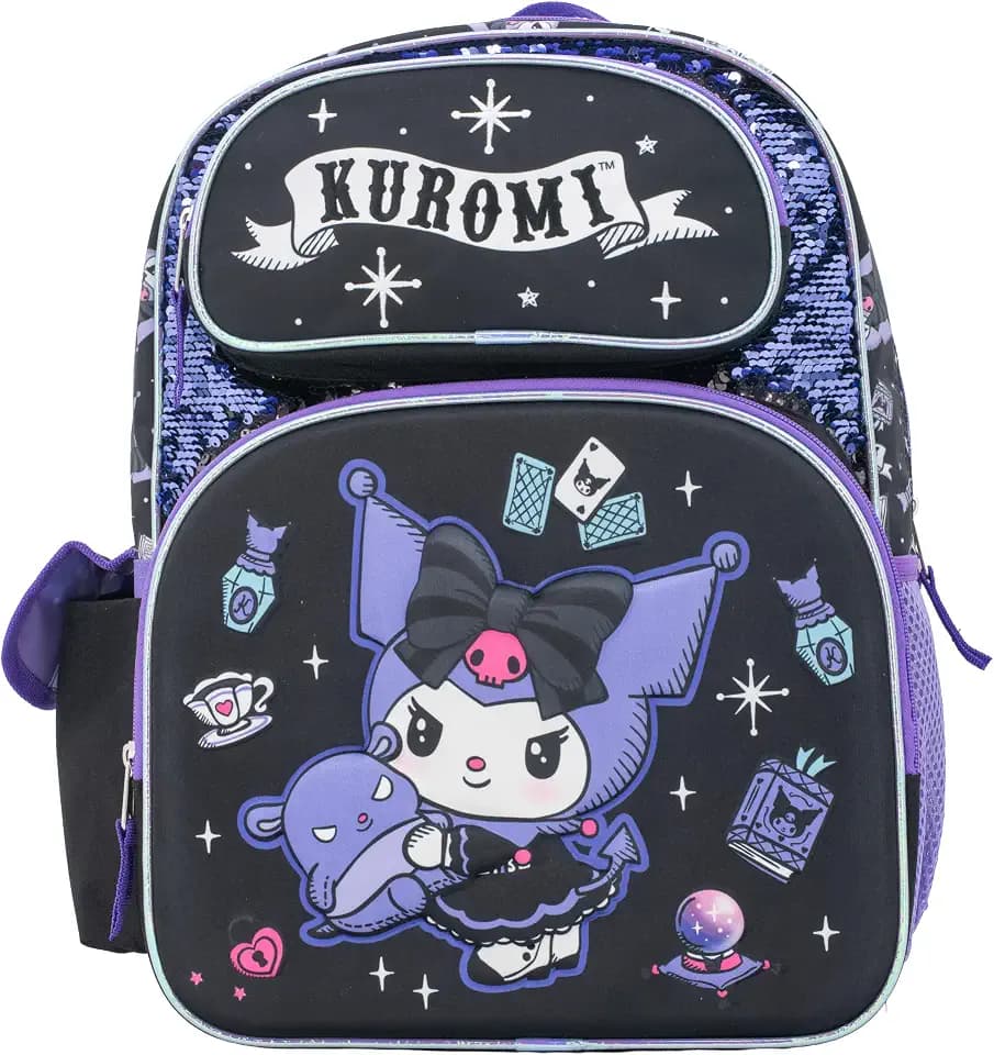 AI ACCESSORY INNOVATIONS Sanrio’s Hello Kitty Backpack for Girls, 16 Inch Kuromi, Kawaii School Bag with Flip Sequins & 3D Molded Front Pocket, Black