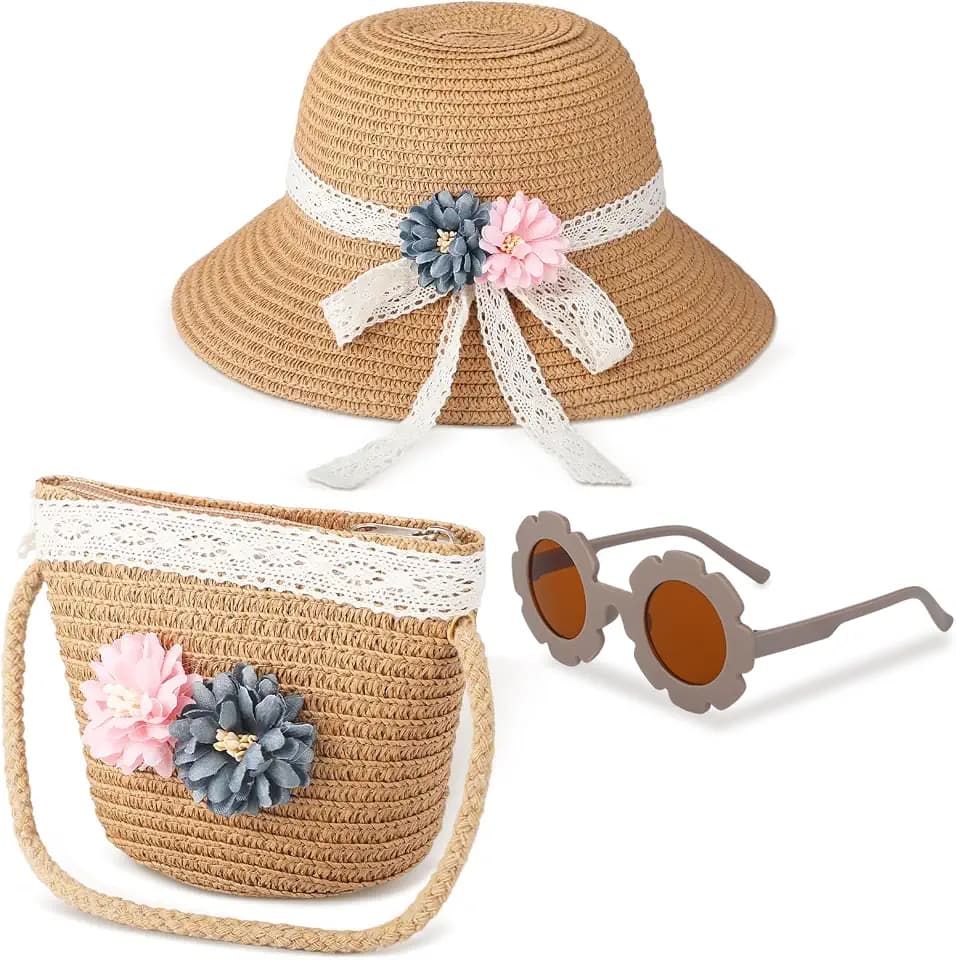 Xtinmee 3 Pcs Girls Straw Hat Bag Sunglasses Set for Kids Summer Outdoor