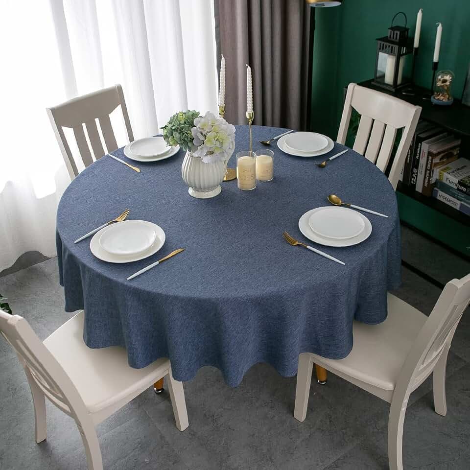 Qidordour Round Tablecloth, 60 inch Diameter, Faux Linen Table Cloth, Water Resistant Spill-Proof Wipeable Polyester Dining Table Cover for Kitchen Restaurant Buffet Tabletop Decoration, Denim Blue