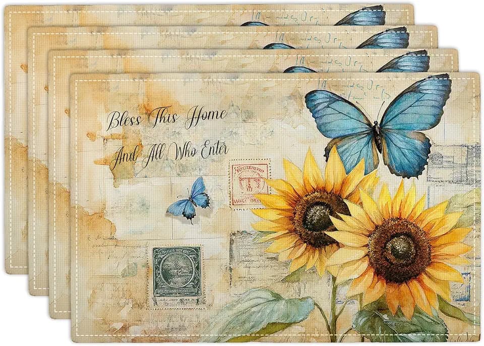 Vintage Butterfly Sunflower Placemats Set of 4 Bless Home and All Who Enter Table Mats Place Mats Decor Imitation Linen Heat Resistant Tablecloth for Dining Kitchen Party Restaurants 12''x18''