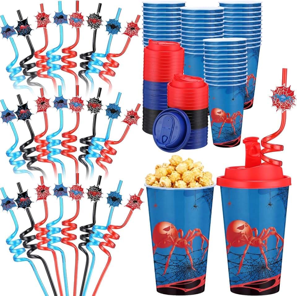 Yungyan 36 Sets Classic Spider Party Favors Goodie Cups with Lids and Straws for Birthday Decorations Reusable 16oz Plastic Candy Cups Plastic Straws for Party