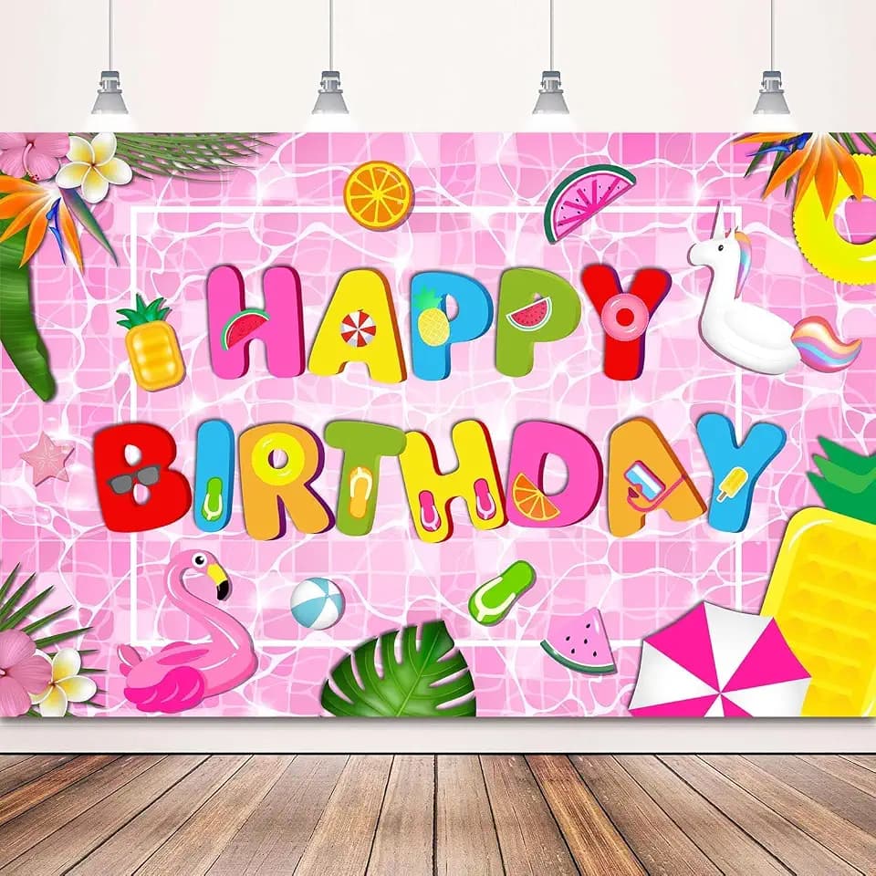 Pool Party Decorations, Pink Swimming Pool Happy Birthday Backdrop