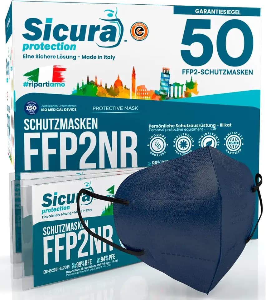 50 FFP2 Masken BLAU mit schwarzem Gummiband SAFE-Logo mit Prägung BFE ≥99%
