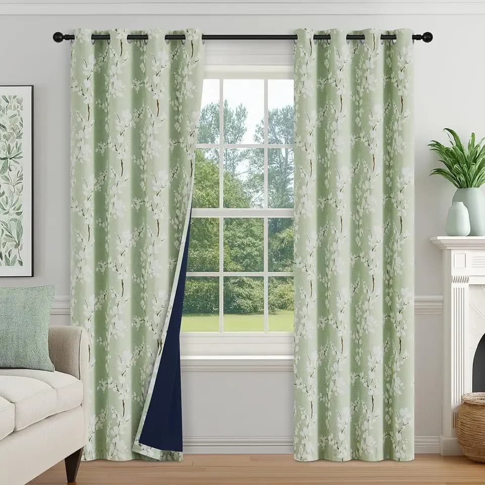 FMFUNCTEX Green Blackout Floral Curtains for Bedroom, 96 Inches, 2 Panels