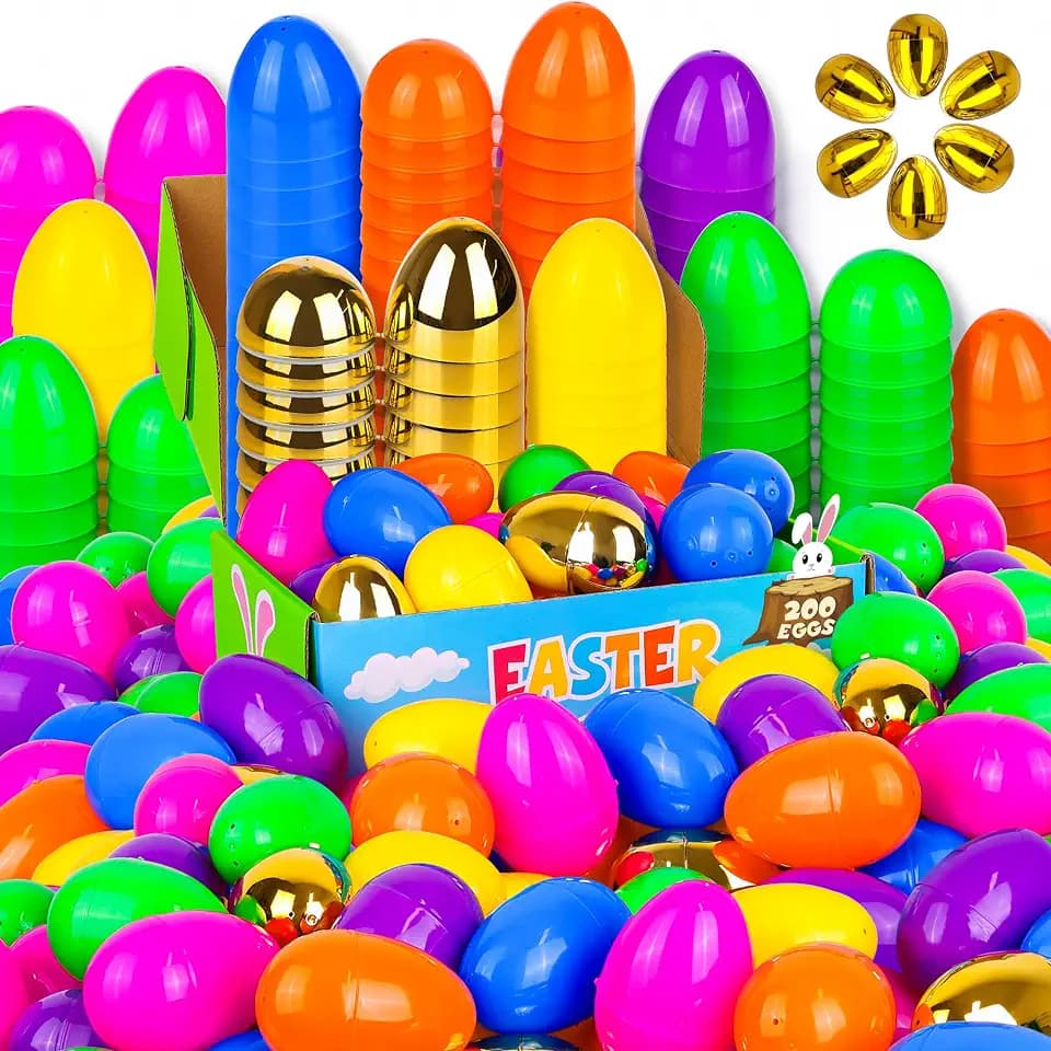 FLYSNK 200 Pack 3 Inch Large Easter Eggs Bulk Include 6 Surprise Golden Eggs, Bright Colors Fillable Plastic Easter Egg Empty for Easter Hunt, Easter Basket Stuffers Fillers Party Favors