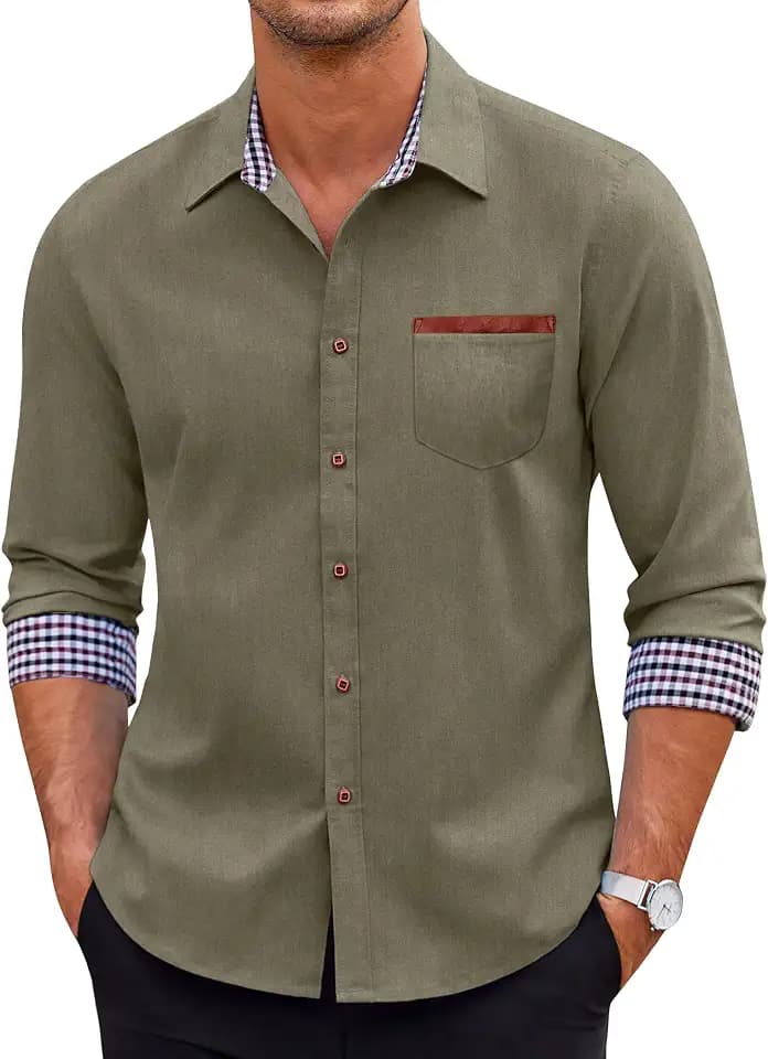 COOFANDY Men's Long Sleeve Casual Button Down Shirts Untucked Shirts Plaid Collar Vintage Denim Shirt