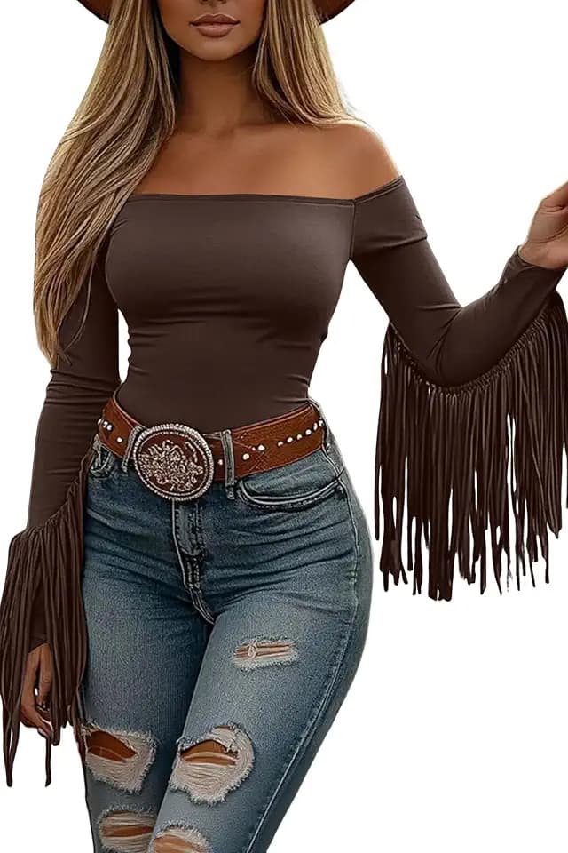 Off The Shoulder Fringe Tops for Women Western Cowgirl Outfits Stretchy Fall Long Sleeve Crop Tassel Shirts Y2K