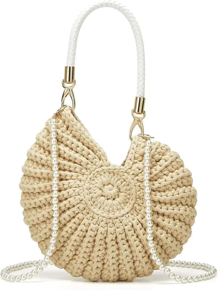 Handmade Crochet Tote Bag Seashell Purse for Women Boho Shell Handbag Crossbody Shoulder Bag Summer Beach Clutch Hobo Handbag